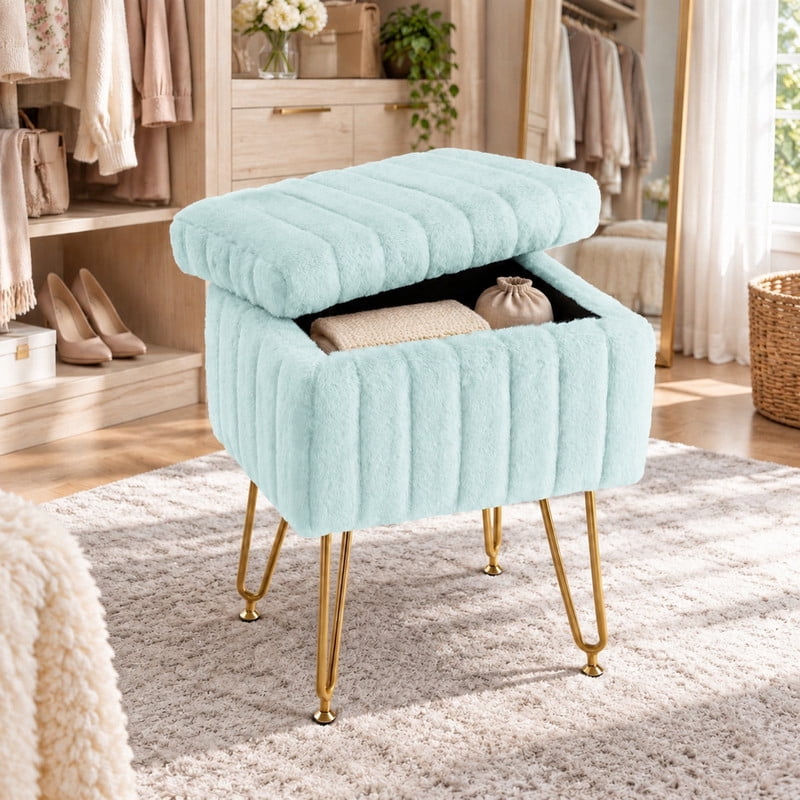 BEAUTYPEAK Vanity Stool with Storage Faux Fur Padded Makeup Ottoman with Gold Metal Legs and Adjustable Feet 18.9" Footstool, Mint