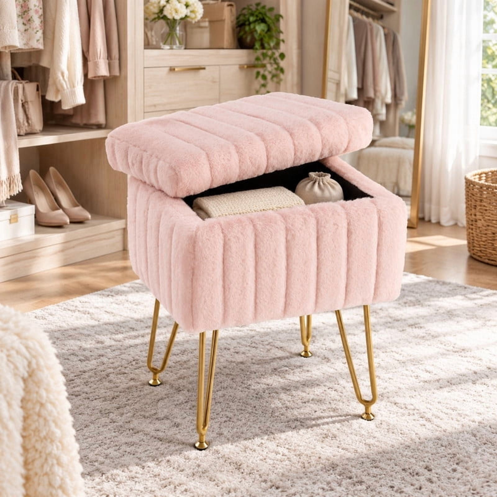 BEAUTYPEAK Vanity Stool with Storage Faux Fur Padded Makeup Ottoman with Gold Metal Legs and Adjustable Feet 18.9" Footstool, Pink
