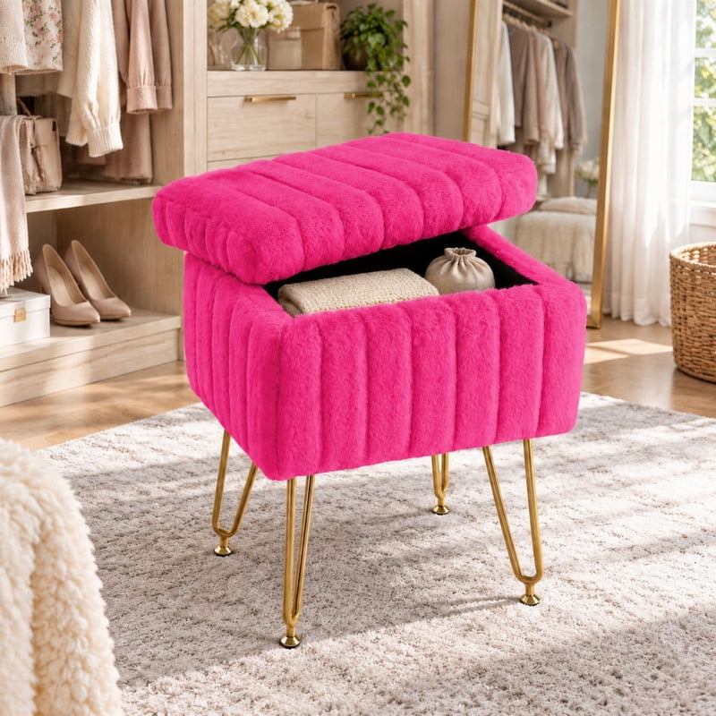 BEAUTYPEAK Vanity Stool with Storage Faux Fur Padded Makeup Ottoman with Gold Metal Legs and Adjustable Feet 18.9" Footstool, Rose