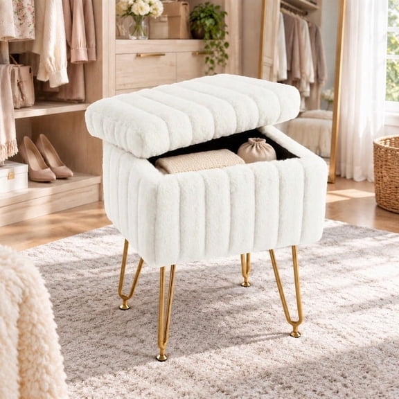 BEAUTYPEAK Vanity Stool with Storage Faux Fur Padded Makeup Ottoman with Gold Metal Legs and Adjustable Feet 18.9" Footstool, White
