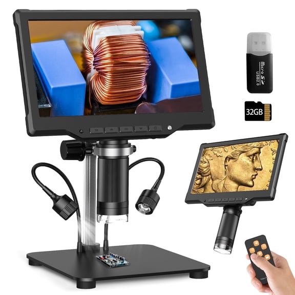 BEBANG 10.1" Digital Microscope for Adults, 1080P 16MP Coin Microscope for Error Coins with 8 LED Light, 1200X LCD Soldering Microscopes, PC View, 32GB
