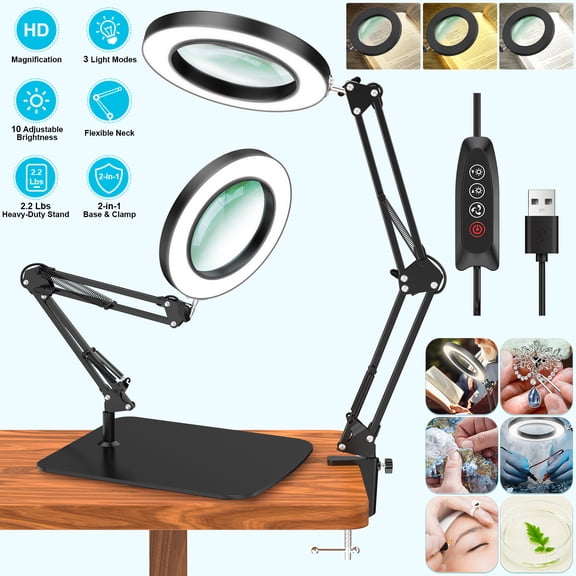 BEBANG Magnifying Glass with Light and Stand, 3 Dimmable Color Modes, 4.2″ Real Glass, 2-in-1 Lighted Magnifying Lamp for Close Work Sewing Crafts