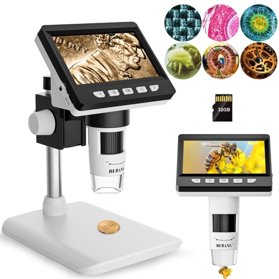 BEBANG 4.3" Coin Microscope, 1080p, 8 LED Lights, Digital Microscope for Adults Kids, Windows MacOS Compatible, 32GB