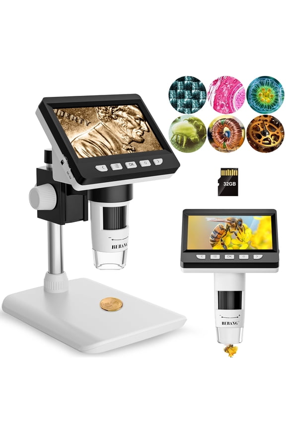 4.3" Coin Microscope, 1080p, 8 LED Lights, Digital Microscope for Adults Kids, Windows MacOS Compatible, 32GB