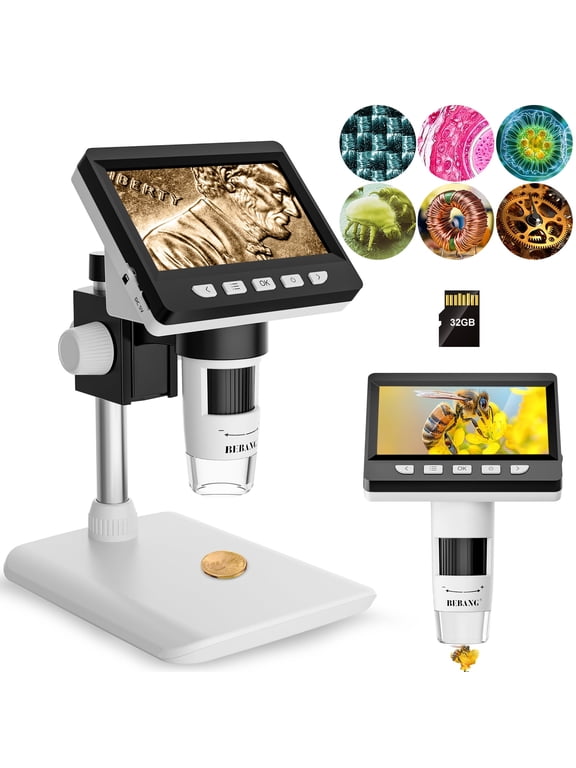 4.3" Coin Microscope, 1080p, 8 LED Lights, Digital Microscope for Adults Kids, Windows MacOS Compatible, 32GB