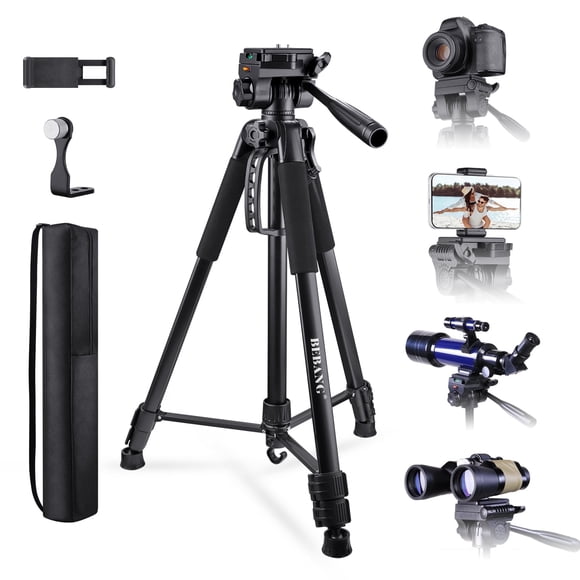 BEBANG 67" Camera Tripod, Portable and Flexible Tripod with Clip and Adapter, Porfessional Aluminum Tripod Stand for Mirrorles DSLR Phone Camcorder Binoculars Telescope