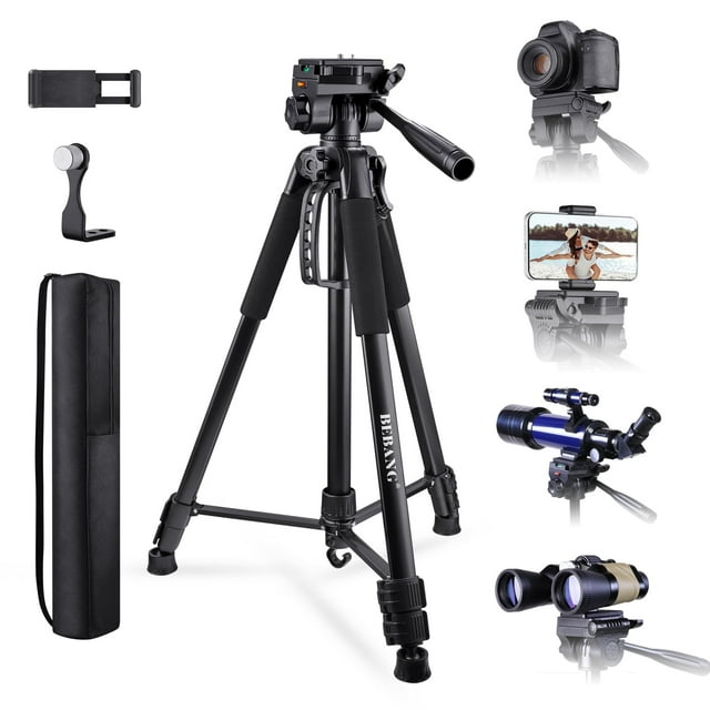 BEBANG 67" Camera Tripod,  Portable and Flexible Tripod with Clip and Adapter, Porfessional Aluminum Tripod Stand for Mirrorless, DSLR, Phone, Camcorder, Spotting Scopes, Binoculars, Telescope