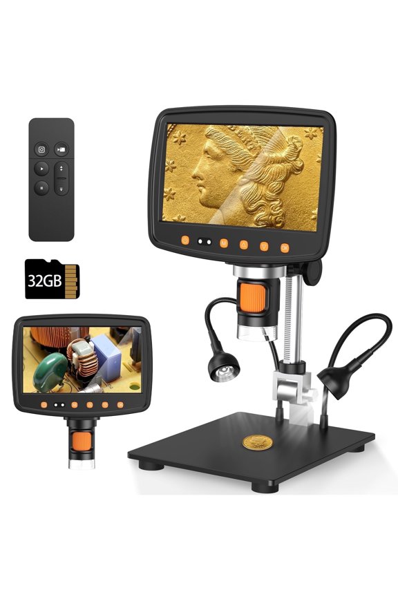 7" Coin Microscope for Adults, 1080P IPS Digital Microscope with 8 Adjustable LED Lights, 2 Flexible Side Lights, PC View Compatible with  Windows, IOS, 32GB