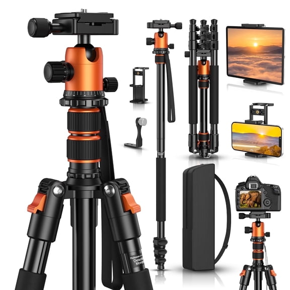 BEBANG 67" Camera Tripod for DSLR Cameras, Aluminum Travel Tripod with Monopod, 360 Ball Head, 17.6lb Load Capacity, Lightweight DSLR Tripod