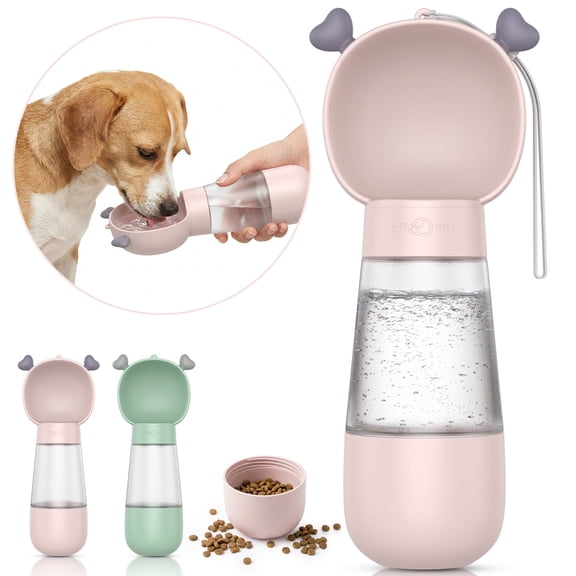 BEBANG Dog Water Bottle with Food Container, Leak-Proof Portable Pet Travel Water Cup, BPA-Free, 11.8oz/350ml Capacity for Dogs & Cats (Pink)