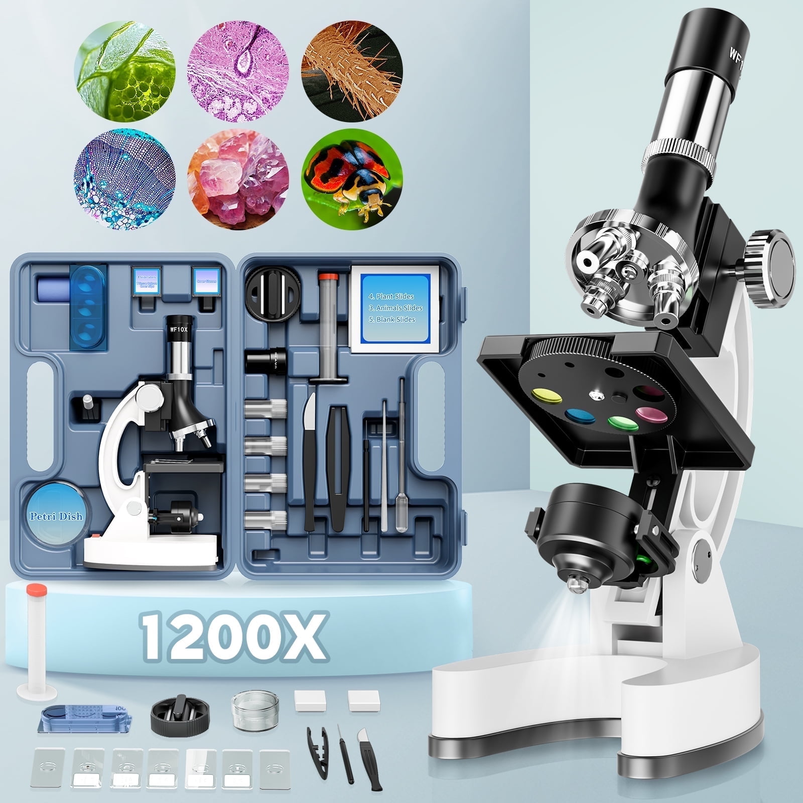 BEBANG 50PCS Kids Microscope Kit, 100X-1200X Compound Microscope Science Kit with LED Light, Carrying Box,