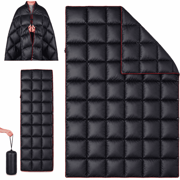 BEBANG Outdoor Camping Blanket, Warm Puffy Wearable Blanket with Snap Buttons, Water-Repellent Windproof Packable Travel Blanket, Lightweight Camping Quilt with Carry Bag for Stadium, Hiking, Picnic