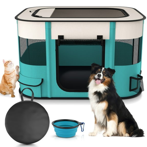 BEBANG Pet Playpen, Foldable Portable Dog Cat Playpens Exercise Kennel Tent, Removable Shade Cover, Indoor Outdoor Travel Camping Use(L)