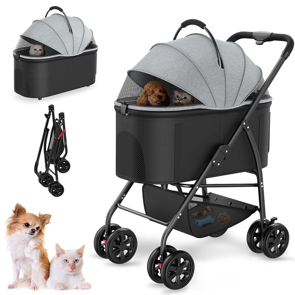 BEBANG Pet Stroller with 4 Wheels, 3-in-1 Folding Dog Cat Stroller, Removable Travel Carrier for Small Medium Pet up to 55lb