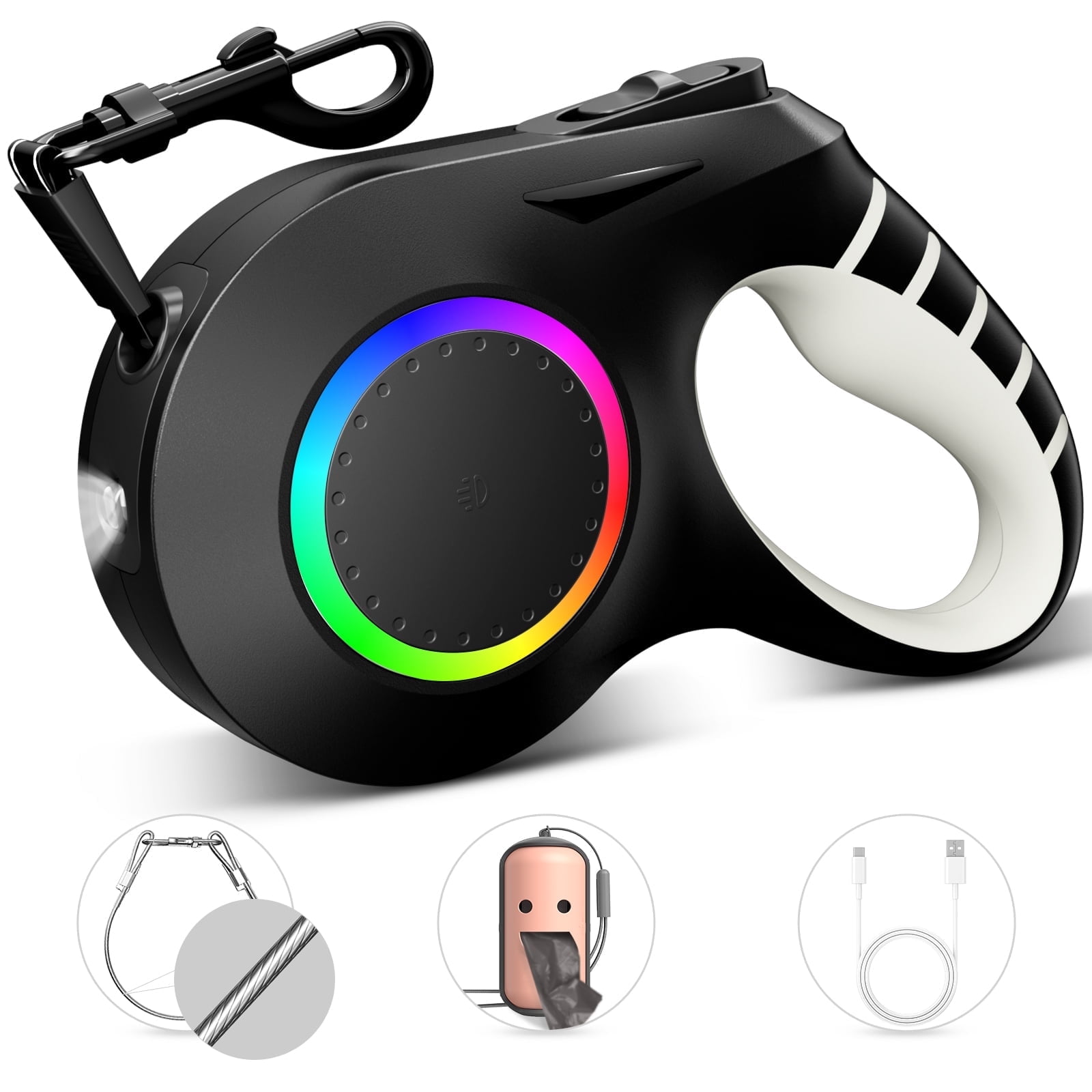 BEBANG Retractable Dog Leash, 20ft Nylon Strap, LED Light, Reflective Webbing, Poop Bag Holder