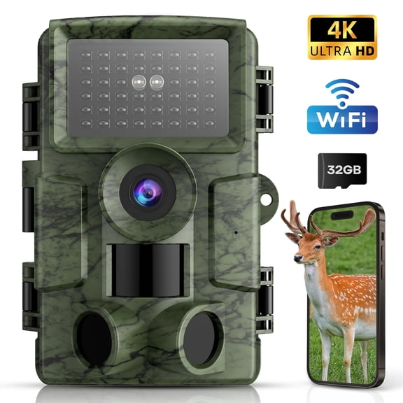 BEBANG WiFi Trail Camera with 32GB SD Card, 60MP 4K Hunting Camera, 120 Wide-Angle Night Vision Game Camera for Deer Scouting, 24/7 Wildlife Monitoring & Home Security