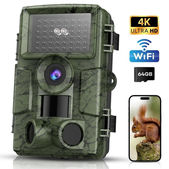 BEBANG 4K WIFI Trail Camera, 60MP 1296P Hunting Camera, 64GB TF Card, 120°Wide-Angle for Deer Scouting or Home Security