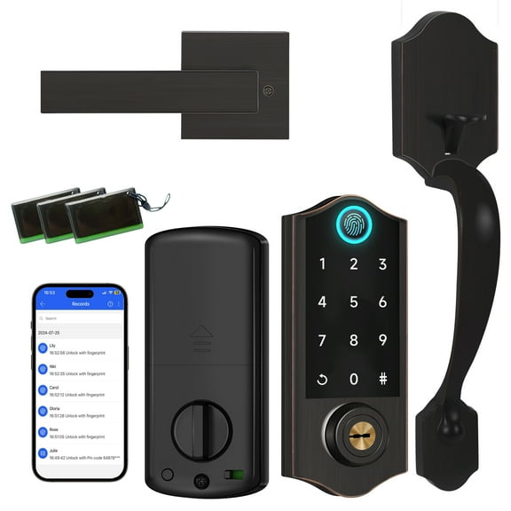 BEBASIA Fingerprint Smart Door Lock for Front Door with Handle Set, App Control, Keyless Entry Door Lock Keypad Deadbolt, Digital Electronic Touchscreen Front Door Lock Set, Auto Lock, Aged Bronze