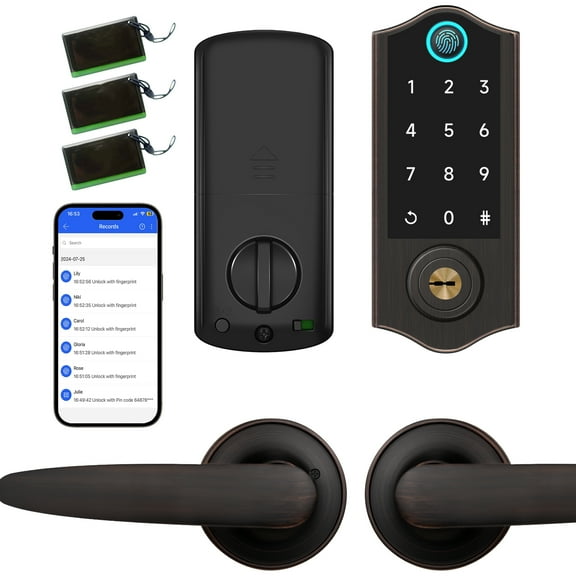 BEBASIA Smart Door Lock with Handle Set, Fingerprint Door Lock, Keyless Entry Door Lock Deadbolt, App Control Biometric Door Lock Set, Electronic Digital Touchscreen Keypad Deadbolt, Aged Bronze