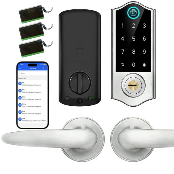 BEBASIA Smart Door Lock with Handle Set, Fingerprint Door Lock, Keyless Entry Door Lock Deadbolt, App Control Front Door Lock Set, Electronic Digital Touchscreen Keypad Deadbolt, Satin Nickel