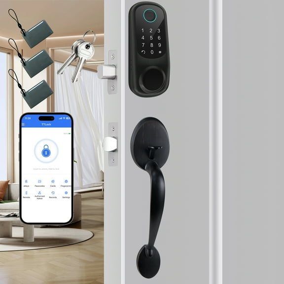 BEBASIA Smart Door Locks for Front Door,Keyless Entry Digital Door Lock with Handle Set,5-in-1 Fingerprint Smart Lock,Smart Deadbolt Lock with Anti-Peep Code, Aged Bronze