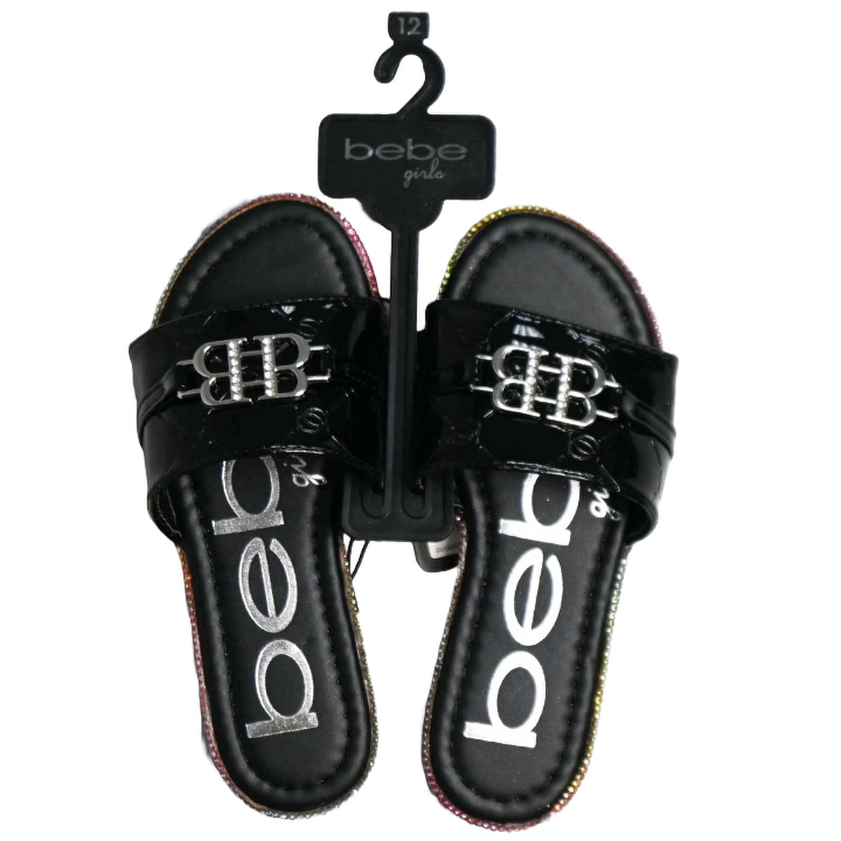 BEBE BLACK GIRLS SANDALS W/RAINBOW RHINESTONE SIDEWALL SIZE 12