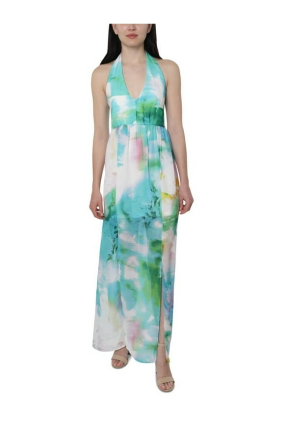 Womens Light Blue Floral Sleeveless V Neck Full-Length Dress Size: 10