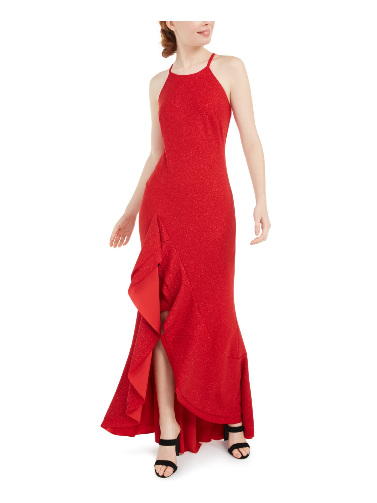 BEBE Womens Red Glitter Ruffled Spaghetti Strap Halter Full-Length Formal Hi-Lo Dress Juniors 12 BEBE Womens Red Glitter Ruffled Spaghetti Strap Halter Full-Length Formal Hi-Lo Dress Juniors 12