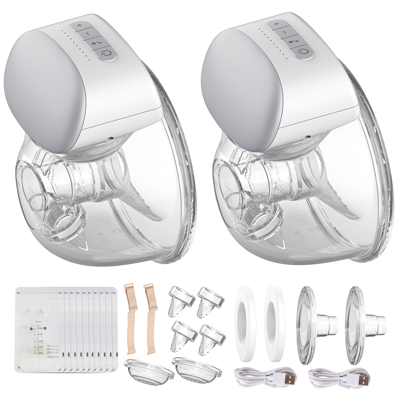 BEBEBAO Electric breast pump,Free Portable Suction + 3 Modes 10 + 2pcs  Buckles Bra Adjustment BPA-Free + 10pcs Pump Hands Breast Pump Cup  8oz/240ml 10 Suction BB-P1 2 Wearable Hands Free Breast