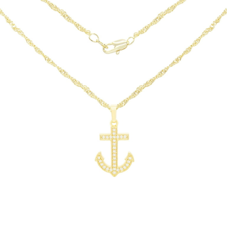 BEBERLINI Anchor Cross CZ Pendant 14K Gold Filled Rope Chain