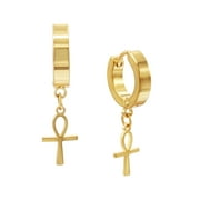 BEBERLINI Ankh Cross Pendant Huggie Hoop 14K Gold Plated Earrings Ear Piercing Fashion Jewelry for Adult Female Men 28 mm