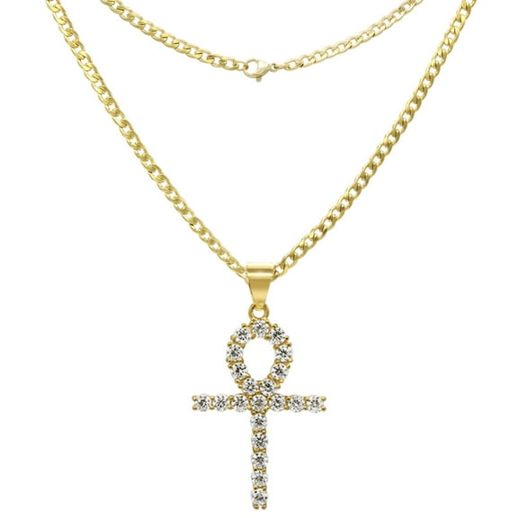 BEBERLINI Ankh Cubic Zirconia Pendant Cuban Link Chain Necklace 14K Gold Plated Stainless Steel Male Fashion Jewelry Set 3.7 mm 25"