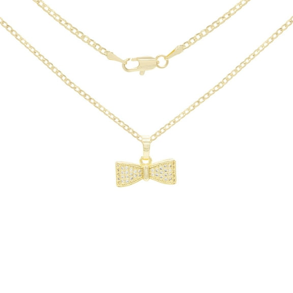 BEBERLINI Bow Tie CZ Charm 14K Gold Filled Cuban Chain Pendant Necklace Jewelry Women 24"