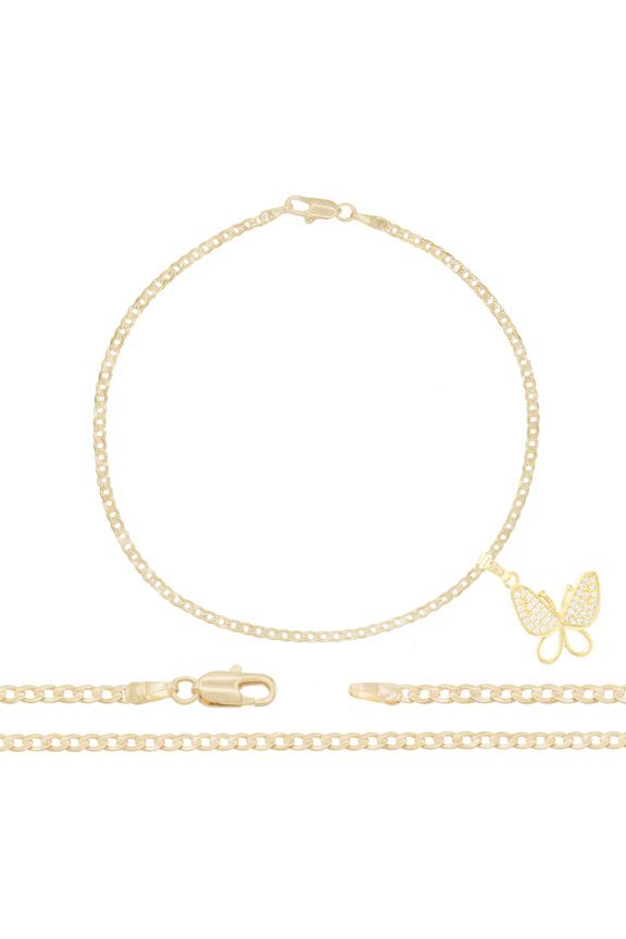 Women Butterfly CZ Charm Anklet 14K Gold Filled Cuban Chain Ankle 10" Jewelry