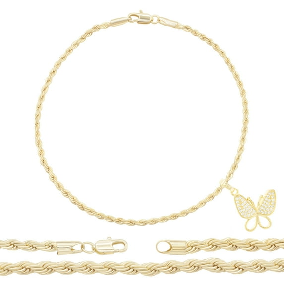 BEBERLINI Women Butterfly CZ Charm Anklet 14K Gold Filled Rope Chain Ankle 10" Jewelry