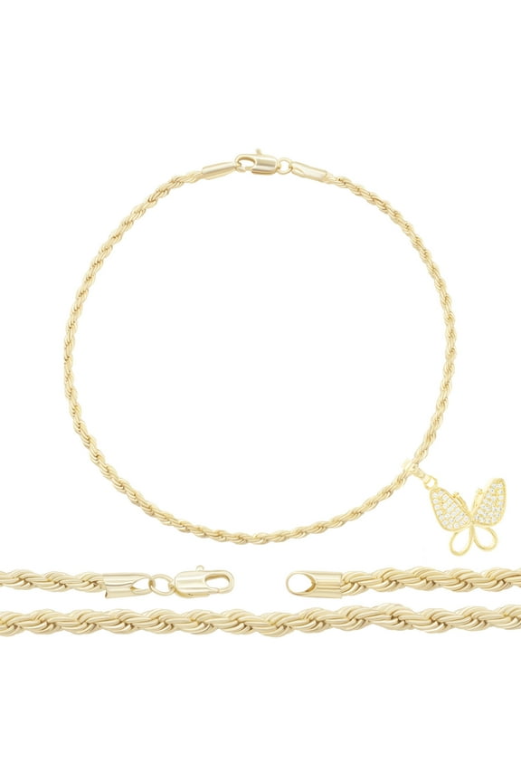 Women Butterfly CZ Charm Anklet 14K Gold Filled Rope Chain Ankle 10" Jewelry