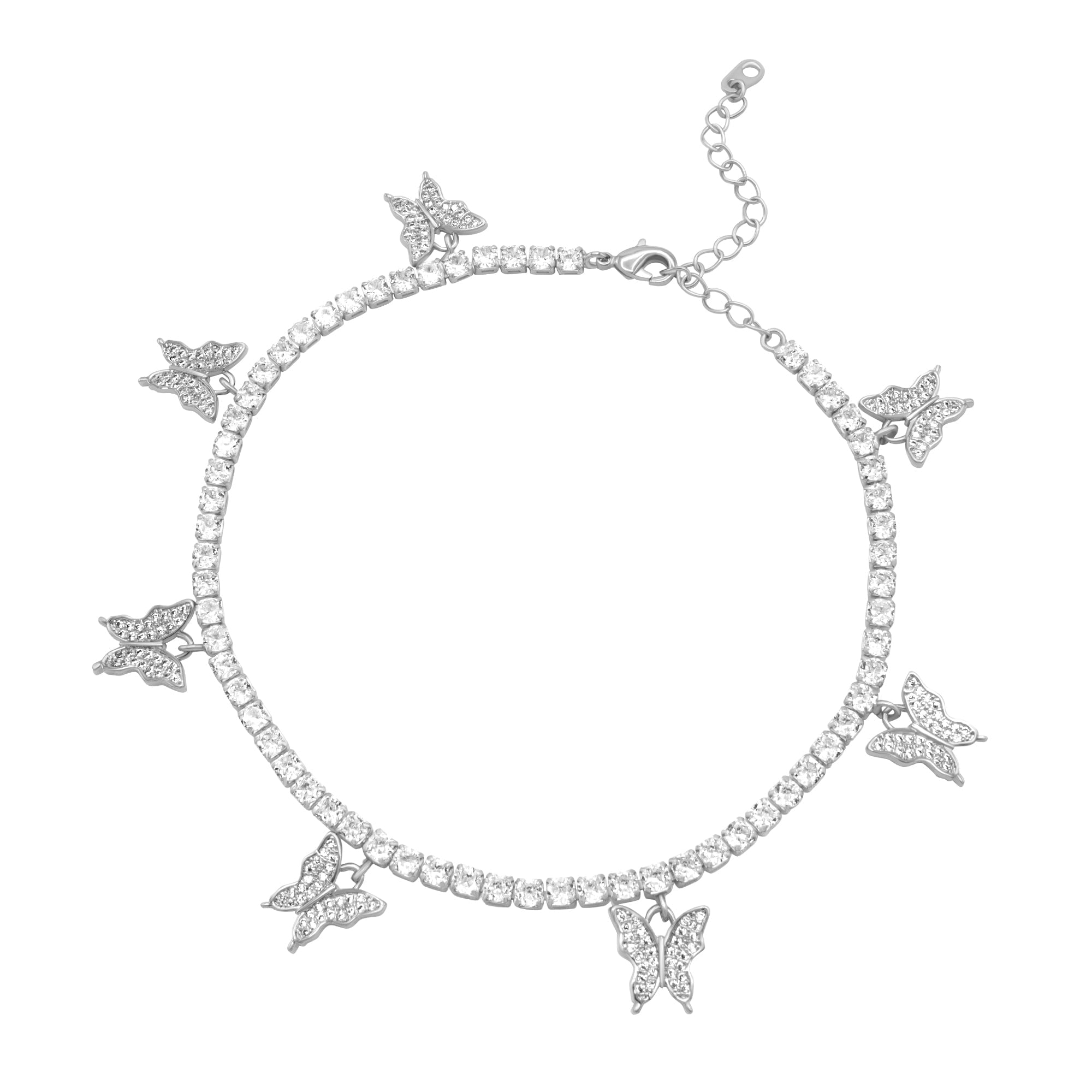 BEBERLINI Butterfly Tennis Anklet Silver Plated 3 mm Foot Bracelet 9" Chain Cubic Zirconia Stones Fashion Jewelry Women 2" Extender