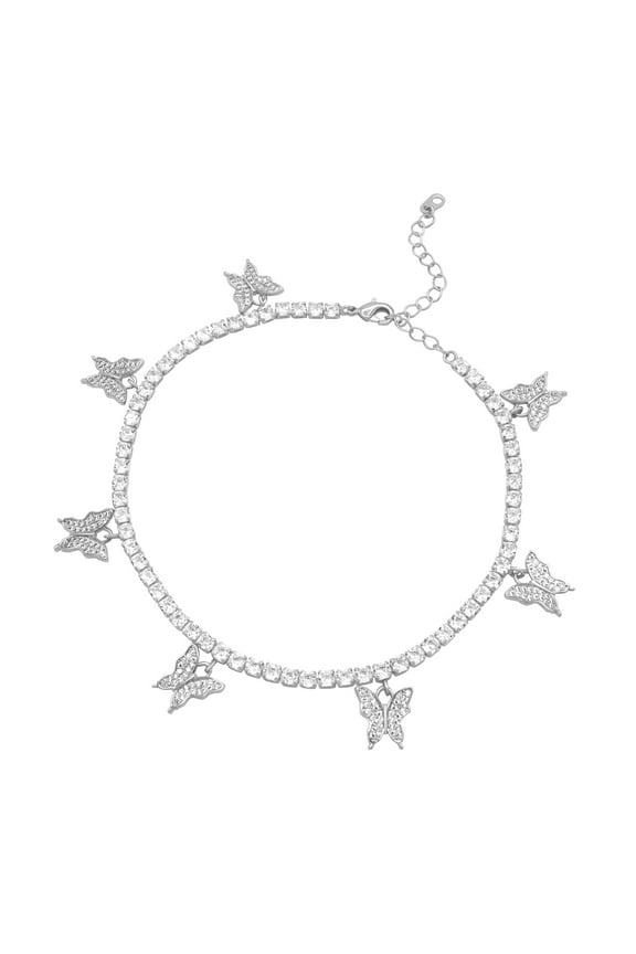 Butterfly Tennis Anklet Silver Plated 3 mm Foot Bracelet 9" Chain Cubic Zirconia Stones Fashion Jewelry Women 2" Extender