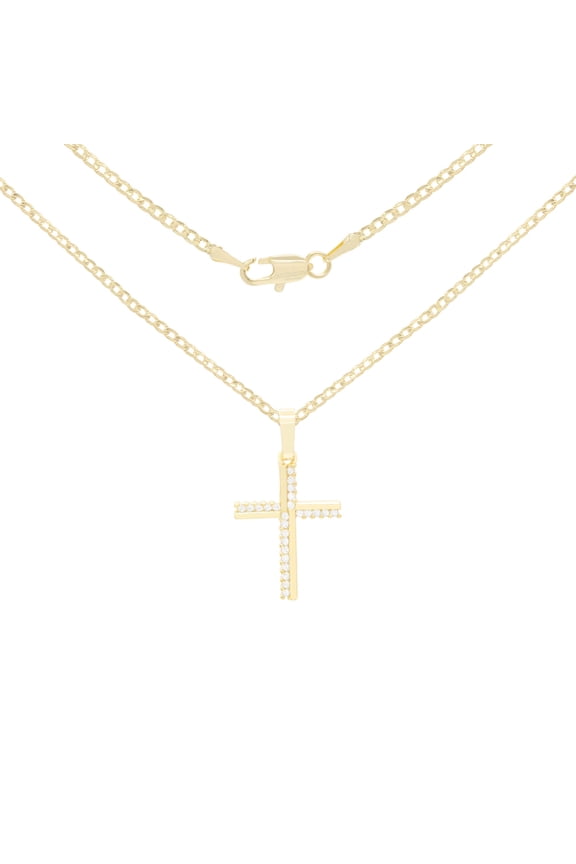 Women Cross CZ Pendant Necklace Set 14K Gold Filled Cuban Chain Jewelry 18"