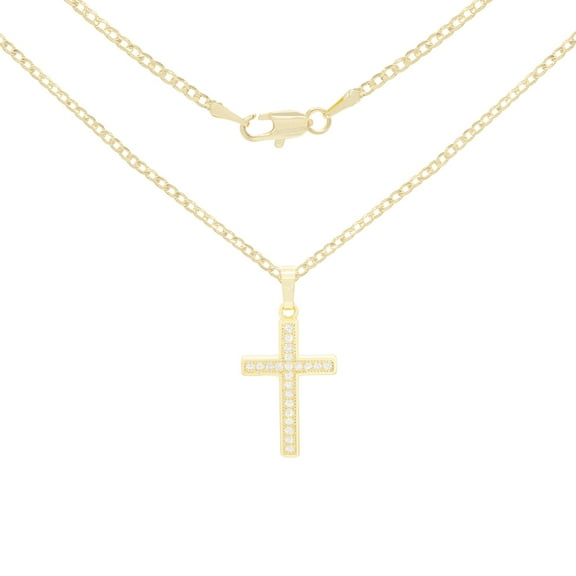 BEBERLINI Women Cross CZ Pendant Necklace Set 14K Gold Filled Cuban Chain Jewelry 18"