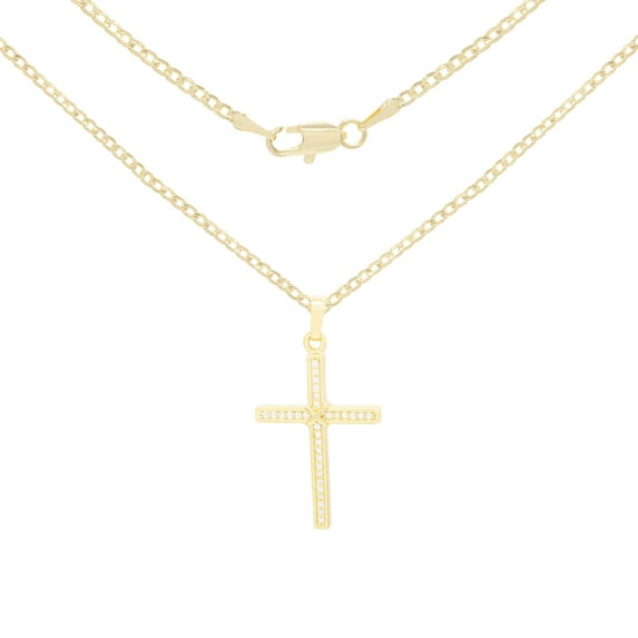 BEBERLINI Women Cross CZ Pendant Necklace Set 14K Gold Filled Cuban Chain Jewelry 18"
