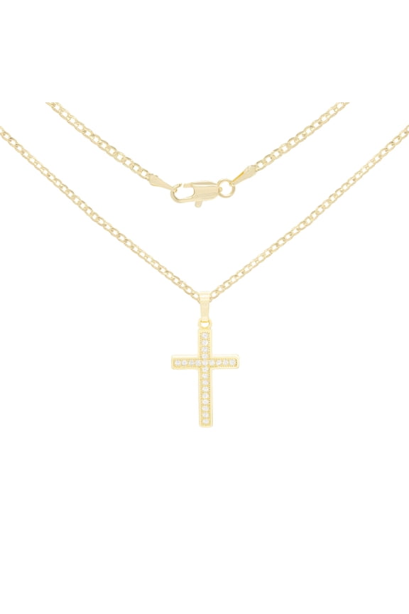 Women Cross CZ Pendant Necklace Set 14K Gold Filled Cuban Chain Jewelry 24"