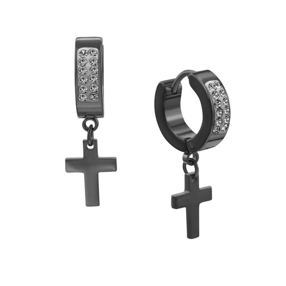 BEBERLINI Women Cross Pendant CZ Huggie Hoop Earrings Black Stainless Steel Jewelry Gift