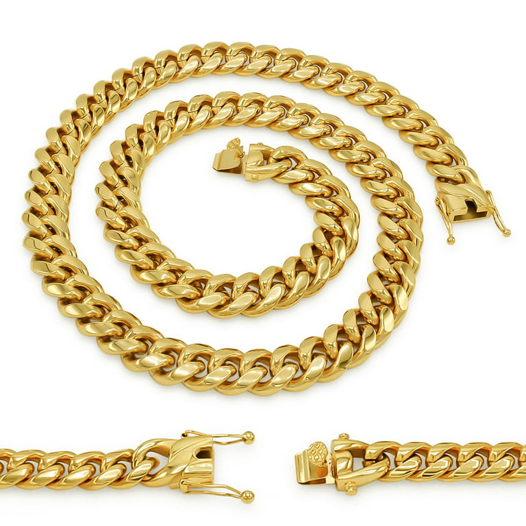 Beberlini Cuban Link Necklace 14K Gold Plated Curb Chain 30 inch Stainless Steel Fashion Jewelry Men 14 mm, Adult Unisex