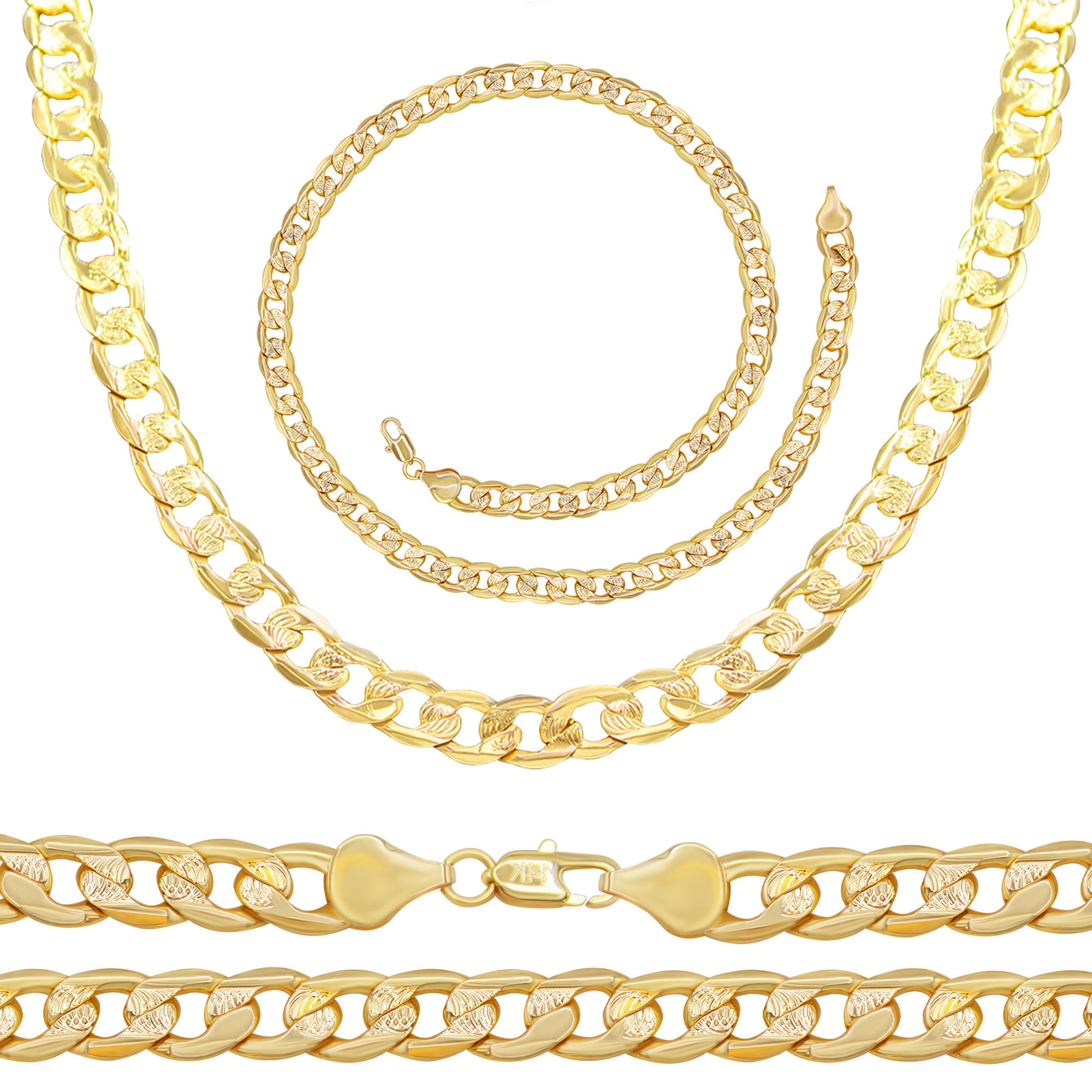 BEBERLINI Men Diamond Cut Cuban Link Chain 14K Gold Filled Necklace 24" Bracelet 8.5" Set Jewelry Gift 9 mm