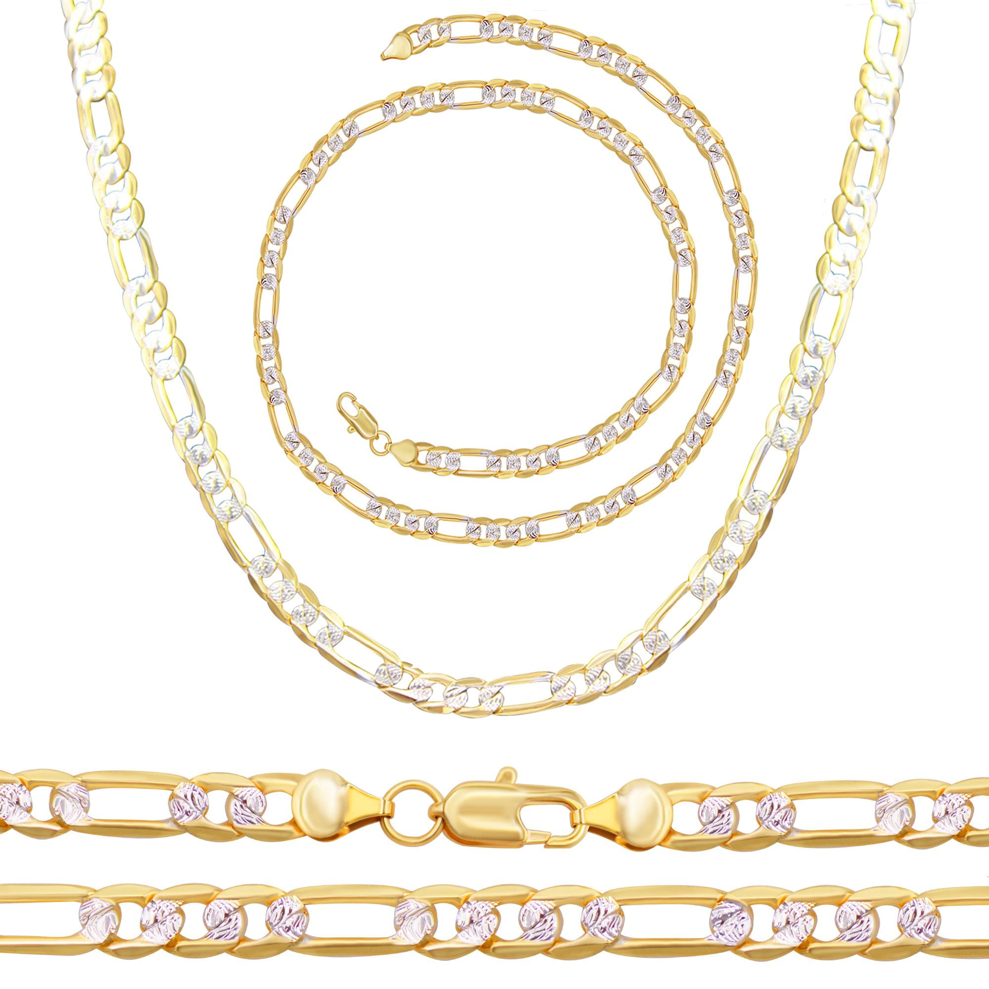 BEBERLINI Diamond-Cut Figaro Chain 14K Gold Filled Necklace 24" Bracelet 8.5" Set Lobster Claw Clasp Fashion Jewelry Gift for Adult Men 6 mm