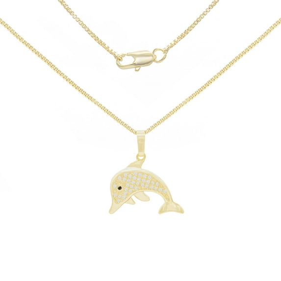 BEBERLINI Dolphin CZ Charm 14K Gold Filled Box Chain Pendant Necklace Jewelry Women 18"