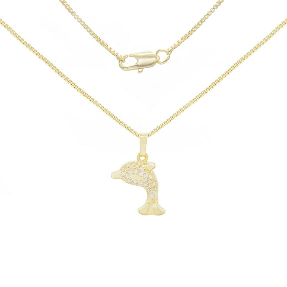 BEBERLINI Women Dolphin Pendant Necklace 14K Gold Filled Box Chain CZ Charm Jewelry 24"
