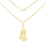 BEBERLINI Folded Praying Hands Cubic Zirconia Pendant 14K Gold Filled Rope Chain Necklace Set CZ Charm Lobster Clasp Fashion Jewelry Female Girls Teens 18" Copper