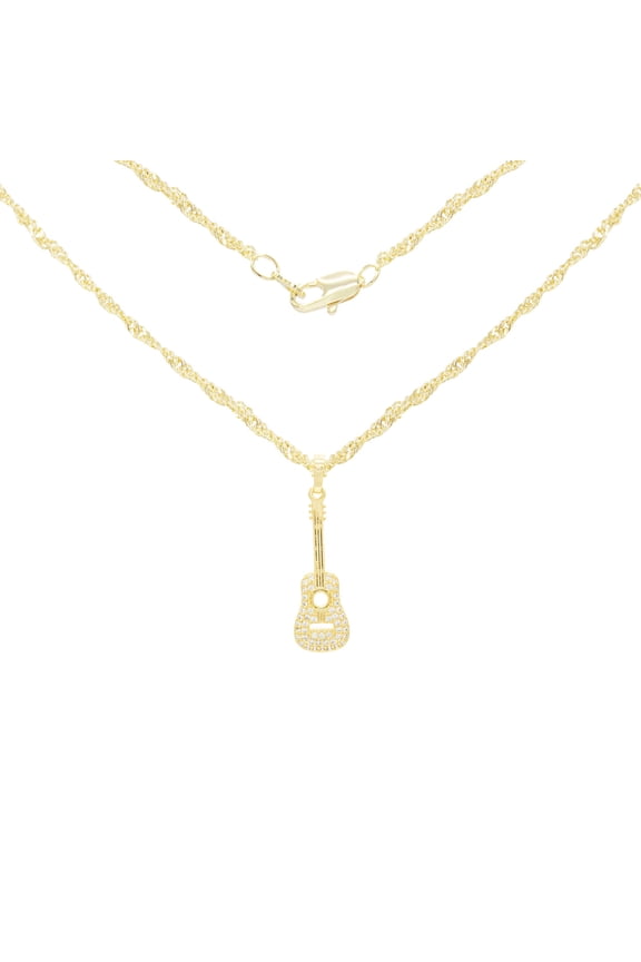 Women Guitar CZ Pendant Necklace Set 14K Gold Filled Rope Chain Jewelry 24"